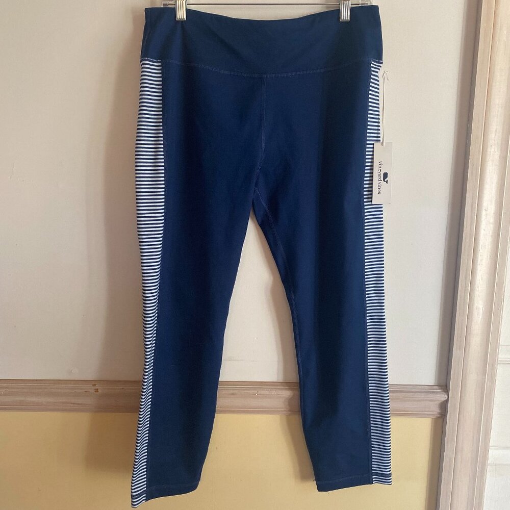 NWT Vineyard Vines Women's Deep Bay Blue Side-Stripe Perf Leggings Size L C3